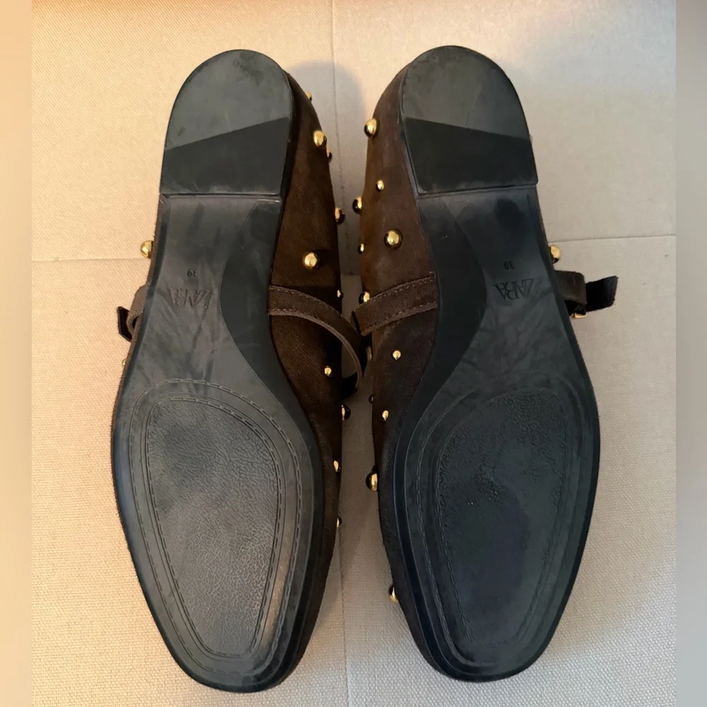 Zara Brown suede gold stud studded Mary Jane flats. Excellent condition! - Picture 5 of 8